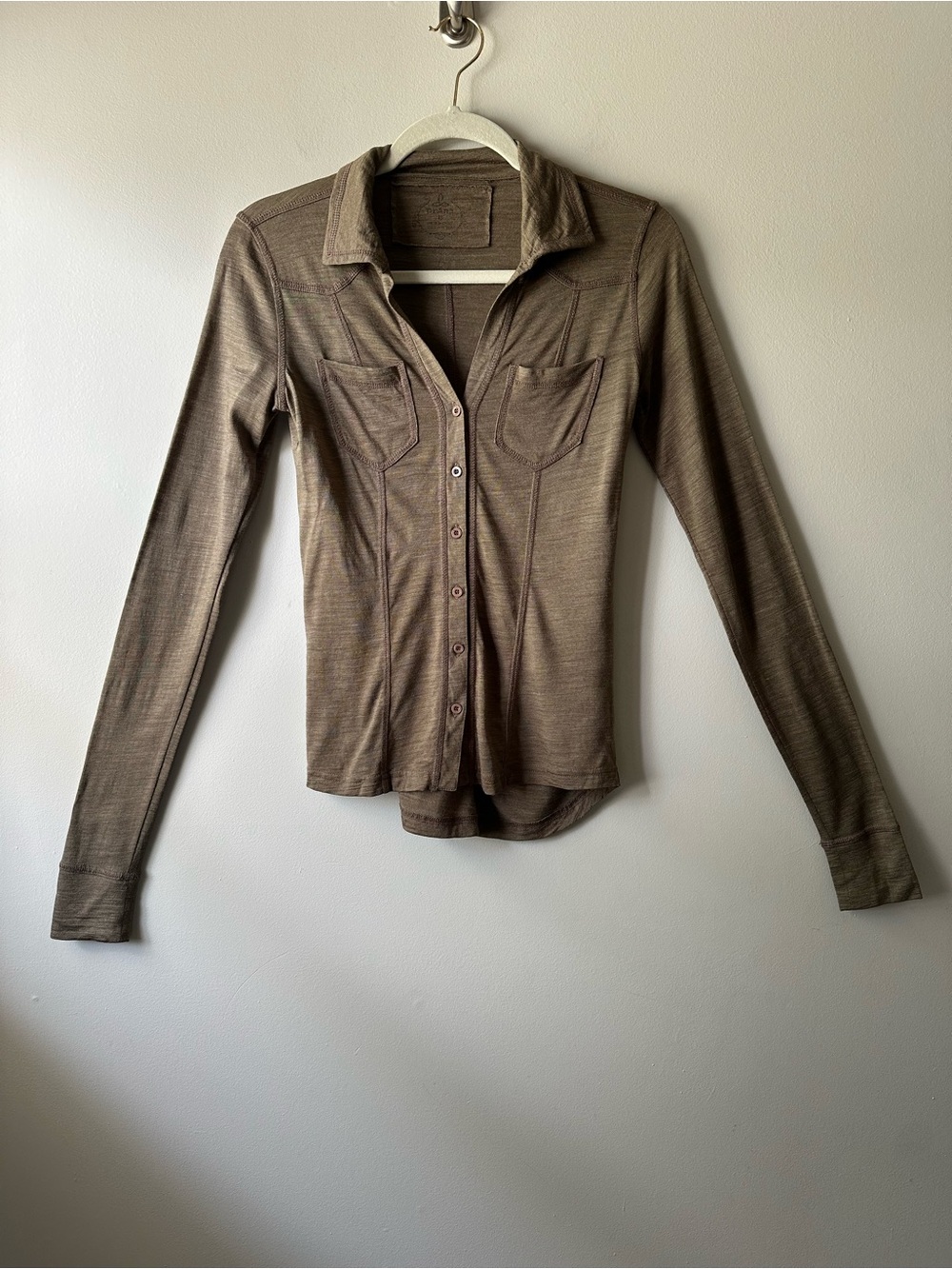 Prana Chocolate Brown Long Sleeve Button-Up Pocket Shirt Size XS Minimalist